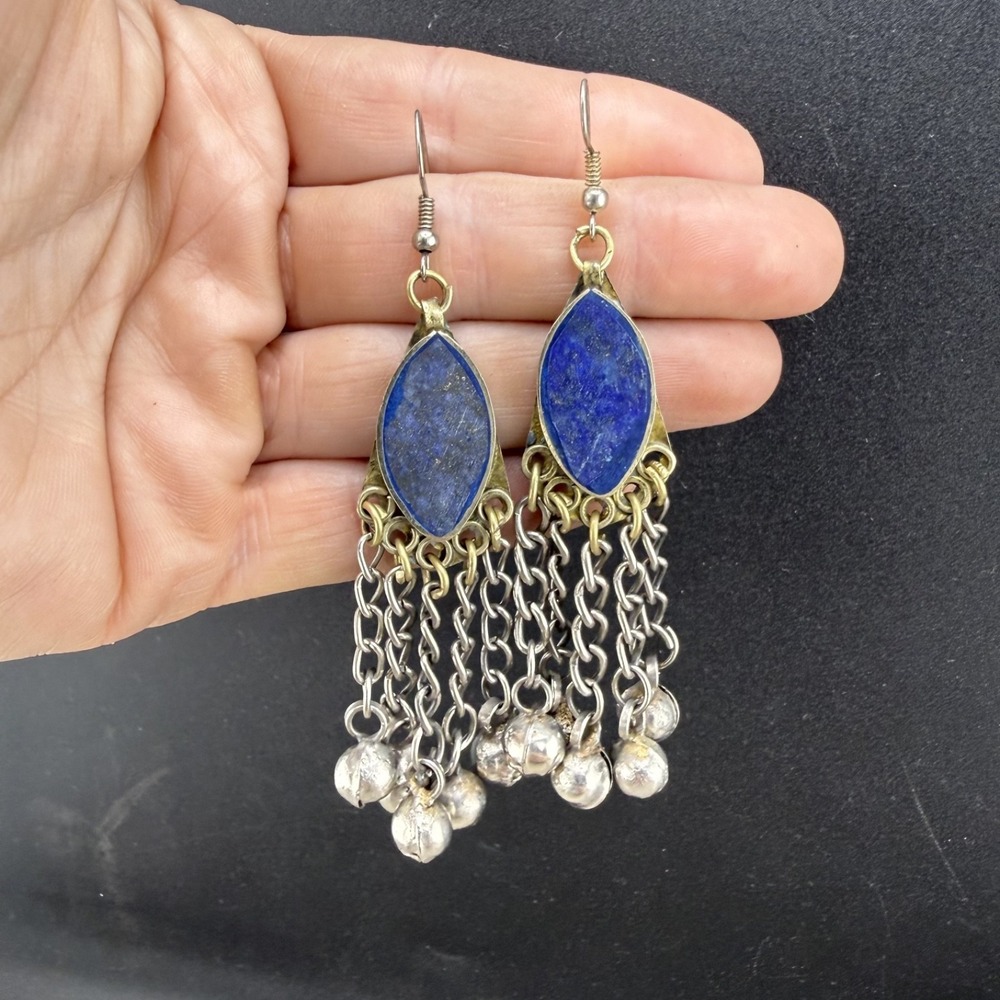 Vintage Pierced Dangle Fringe Earrings Silver Tone‎ Lapis